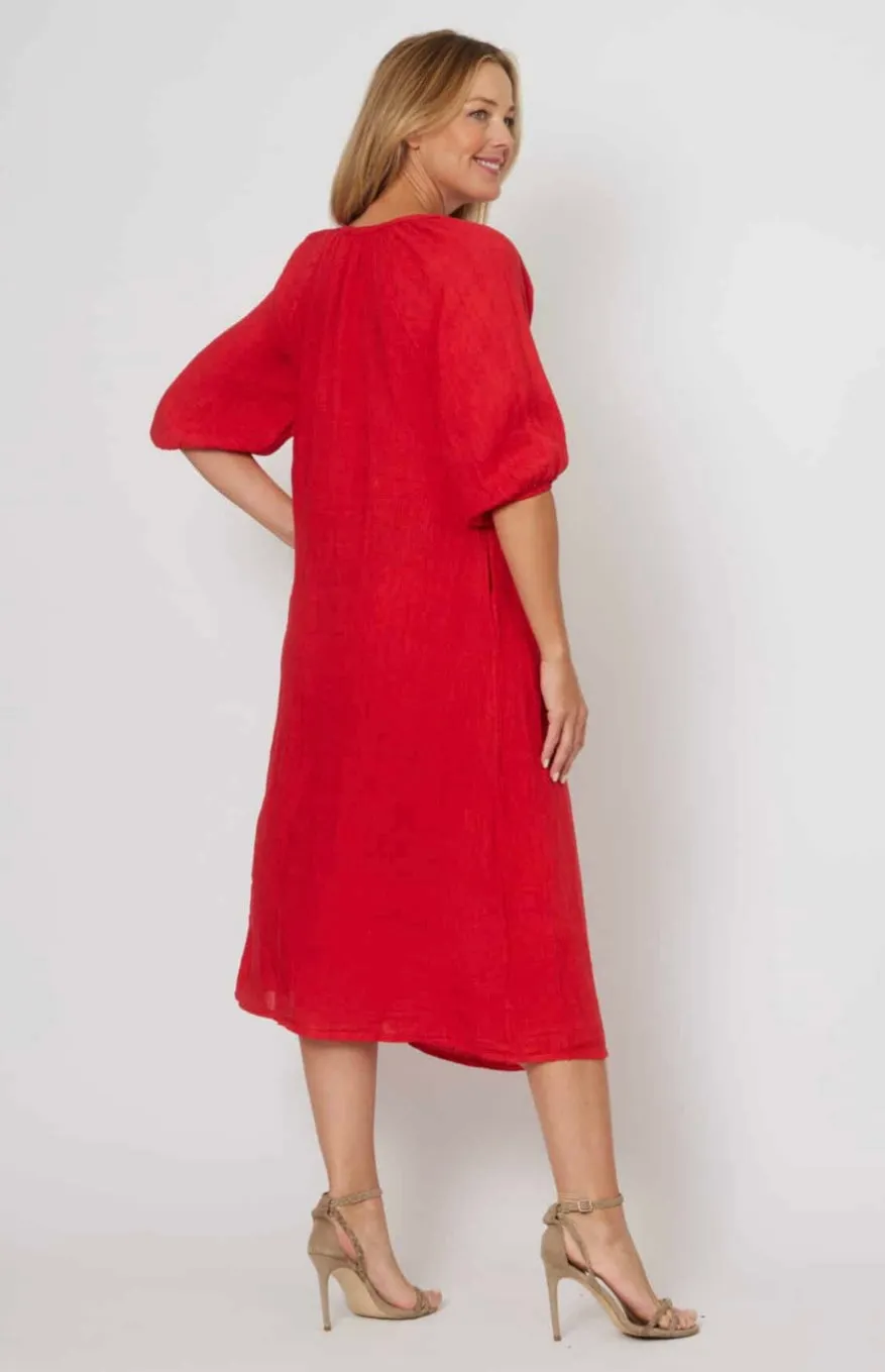 Tie Neck Linen Dress Navy   Red