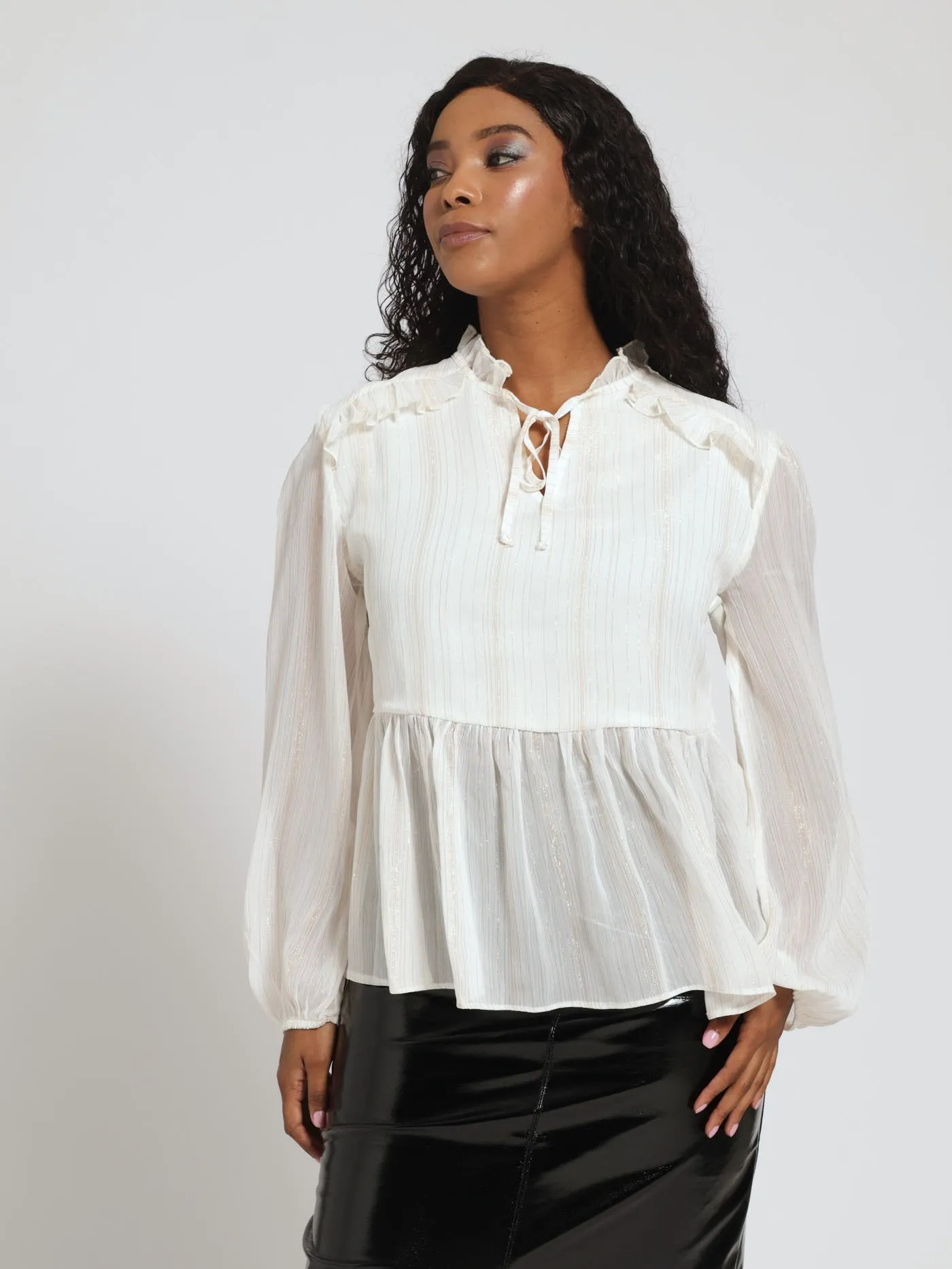 Tie Neck Ruffle Peplum Blouse - Cream