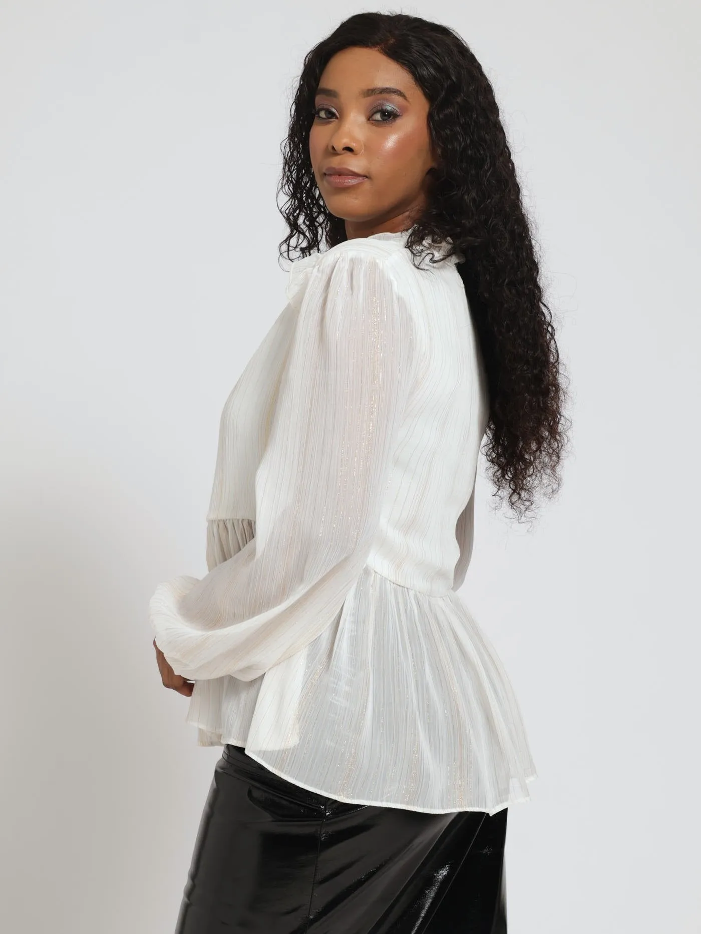 Tie Neck Ruffle Peplum Blouse - Cream