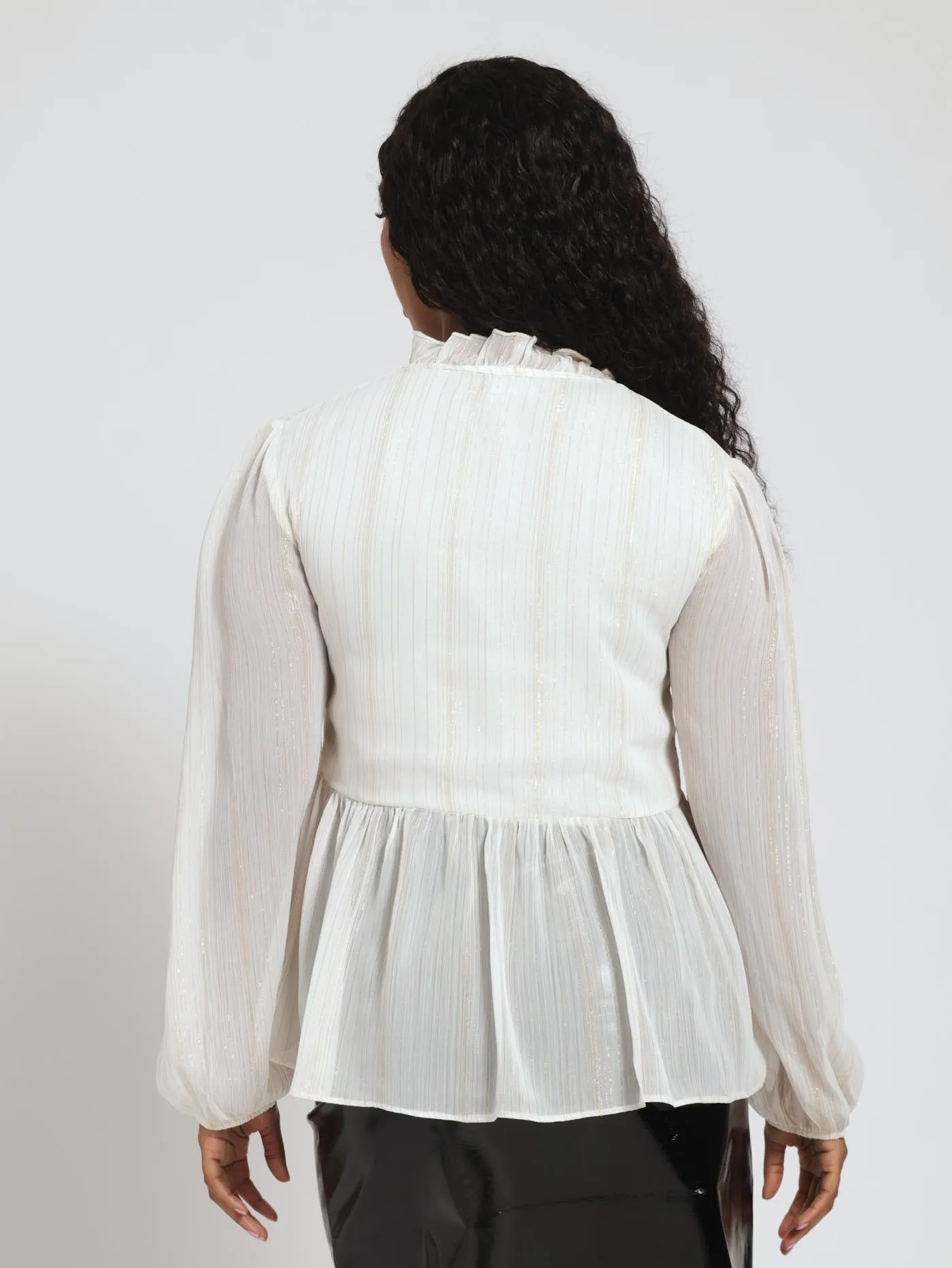 Tie Neck Ruffle Peplum Blouse - Cream