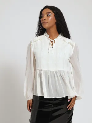 Tie Neck Ruffle Peplum Blouse - Cream