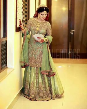 Traditional Walima Lahnga In Parrot Green Color Model# B 1824