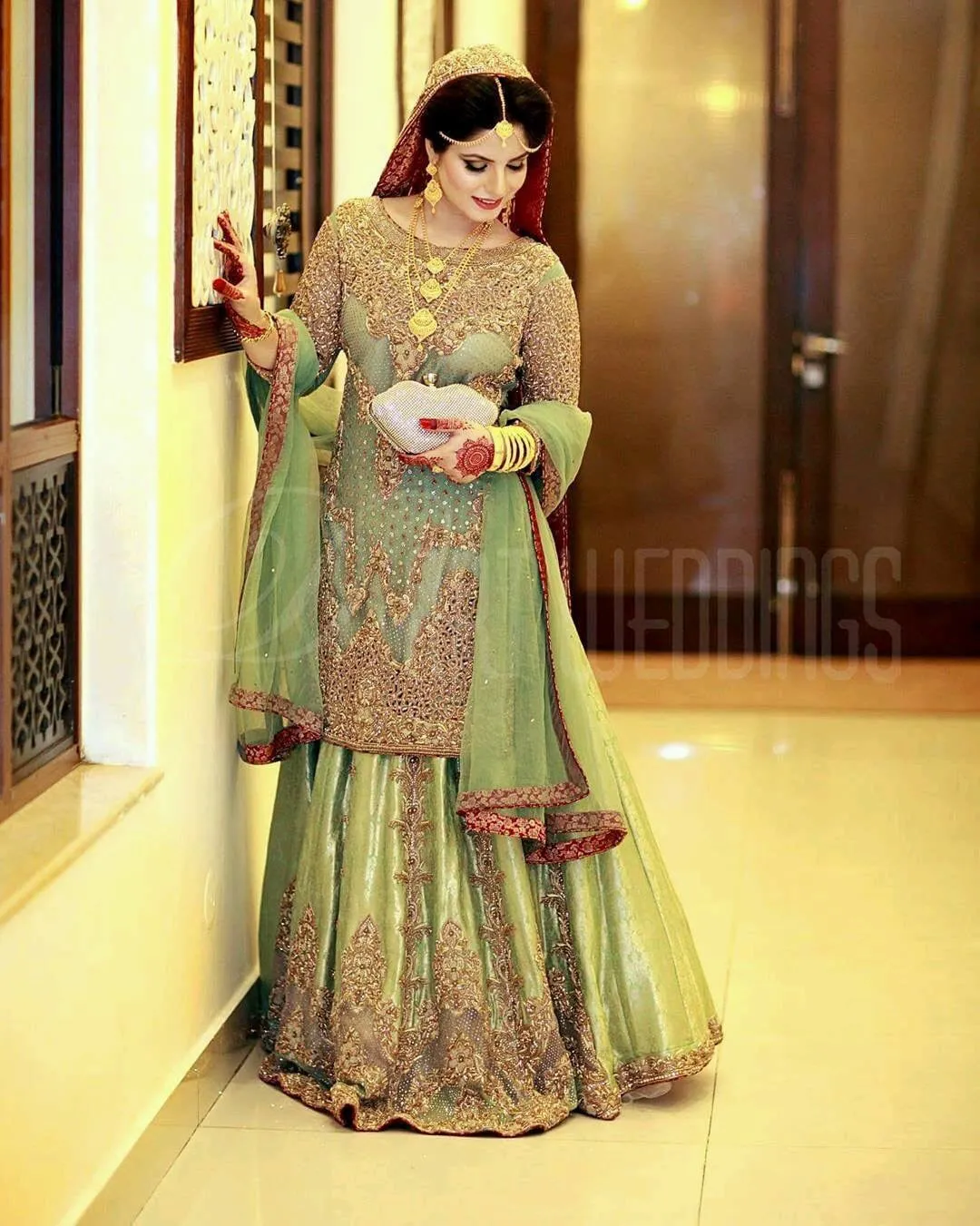 Traditional Walima Lahnga In Parrot Green Color Model# B 1824