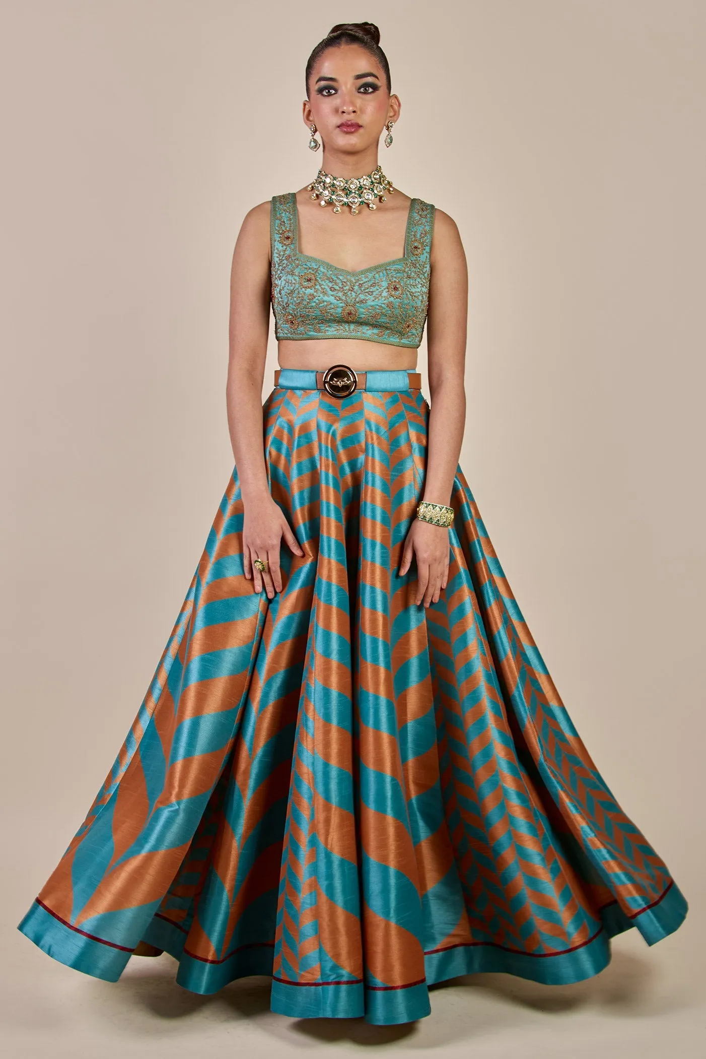 Turquoise - Rust Chevron Skirt Set