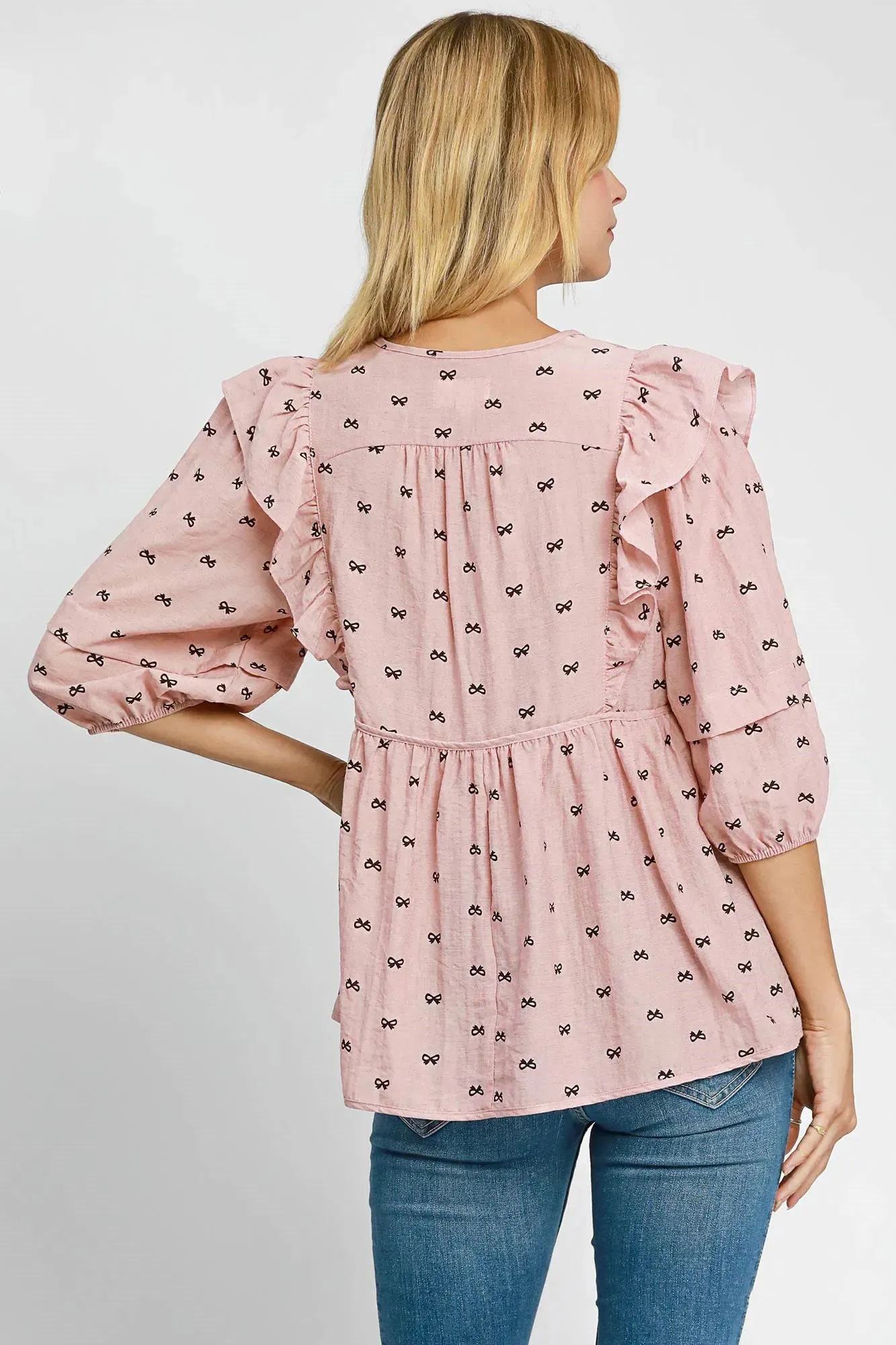 Umgee Ruffled Bow Print Tie Neck Peplum Blouse