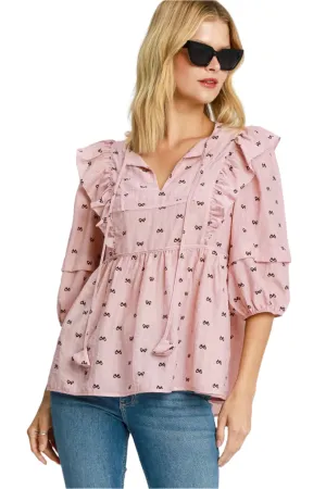 Umgee Ruffled Bow Print Tie Neck Peplum Blouse