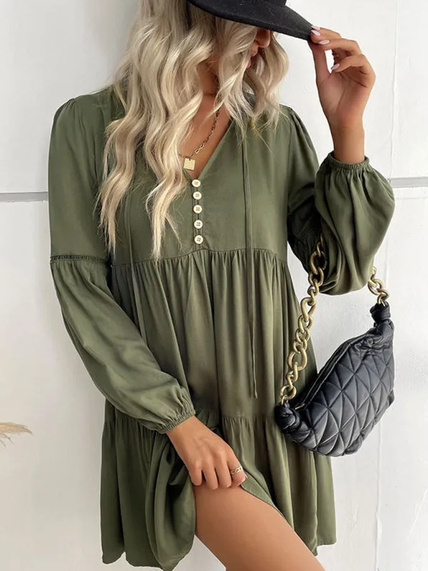 V-Neck Long-Sleeved Dress with Button-Down Front and Tiered Skirt