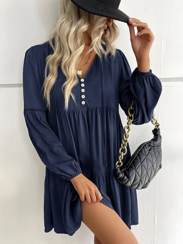 V-Neck Long-Sleeved Dress with Button-Down Front and Tiered Skirt