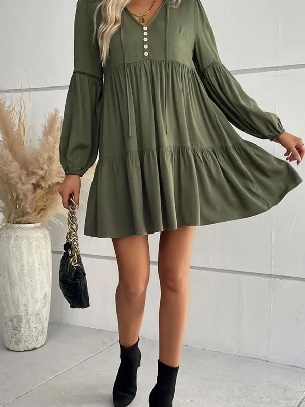 V-Neck Long-Sleeved Dress with Button-Down Front and Tiered Skirt