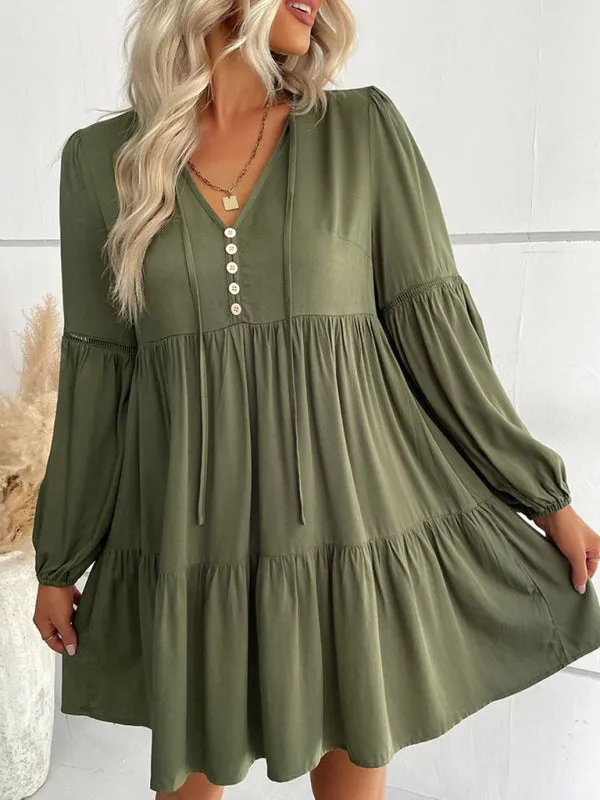 V-Neck Long-Sleeved Dress with Button-Down Front and Tiered Skirt