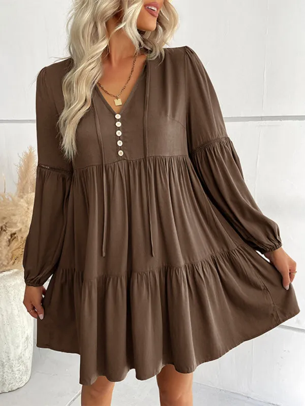 V-Neck Long-Sleeved Dress with Button-Down Front and Tiered Skirt