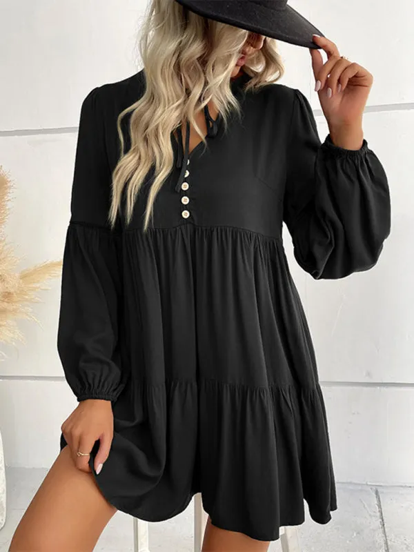 V-Neck Long-Sleeved Dress with Button-Down Front and Tiered Skirt