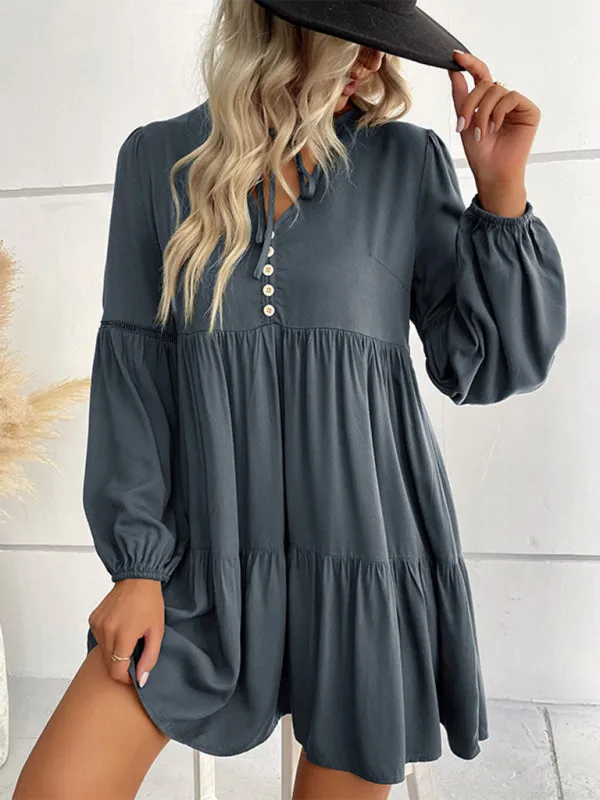 V-Neck Long-Sleeved Dress with Button-Down Front and Tiered Skirt