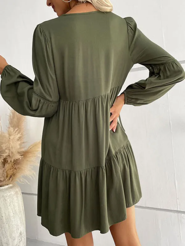 V-Neck Long-Sleeved Dress with Button-Down Front and Tiered Skirt