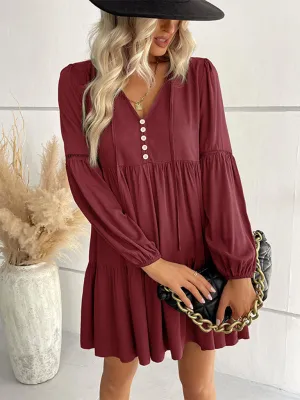 V-Neck Long-Sleeved Dress with Button-Down Front and Tiered Skirt
