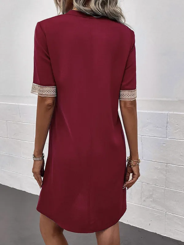 V-Neck Mini Dress with Lace Sleeves Solid Print