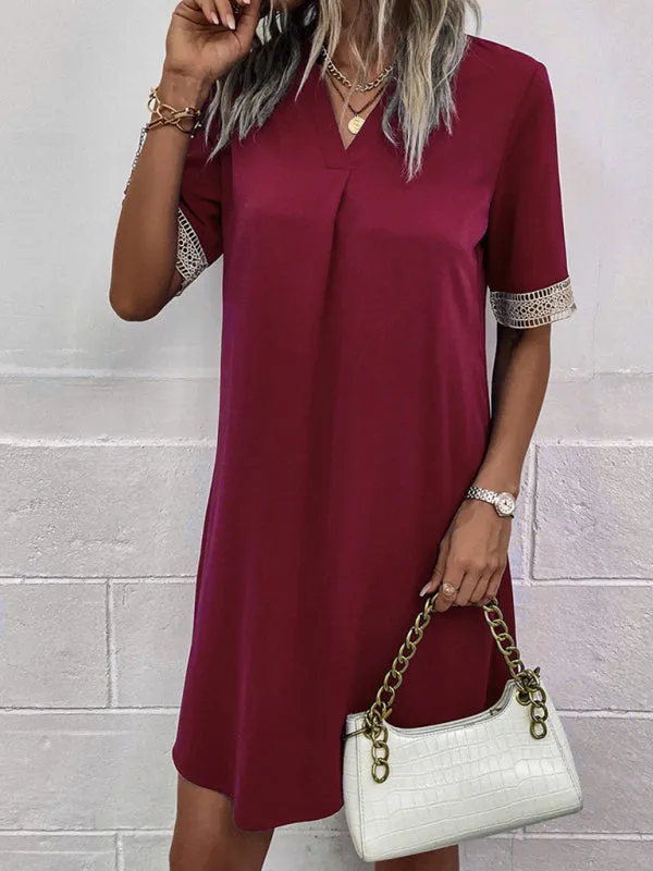 V-Neck Mini Dress with Lace Sleeves Solid Print