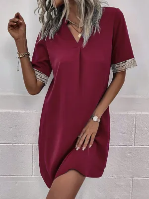 V-Neck Mini Dress with Lace Sleeves Solid Print