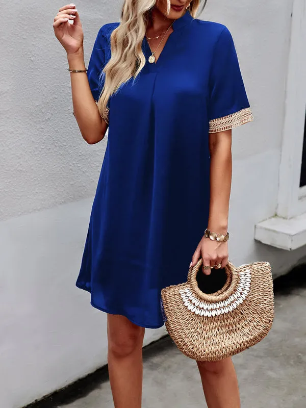 V-Neck Mini Dress with Lace Sleeves Solid Print