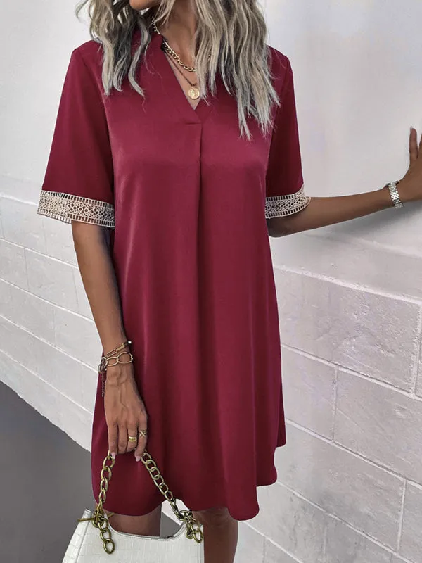 V-Neck Mini Dress with Lace Sleeves Solid Print