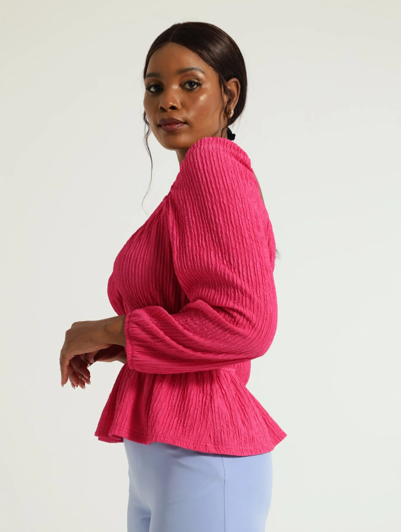V-Neck Peplum Blouse - Pink