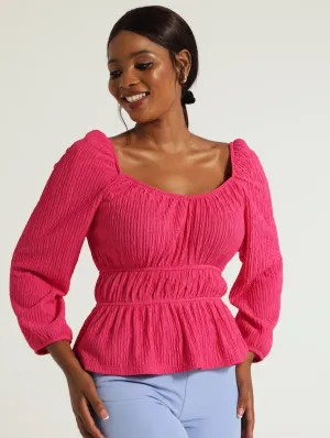 V-Neck Peplum Blouse - Pink