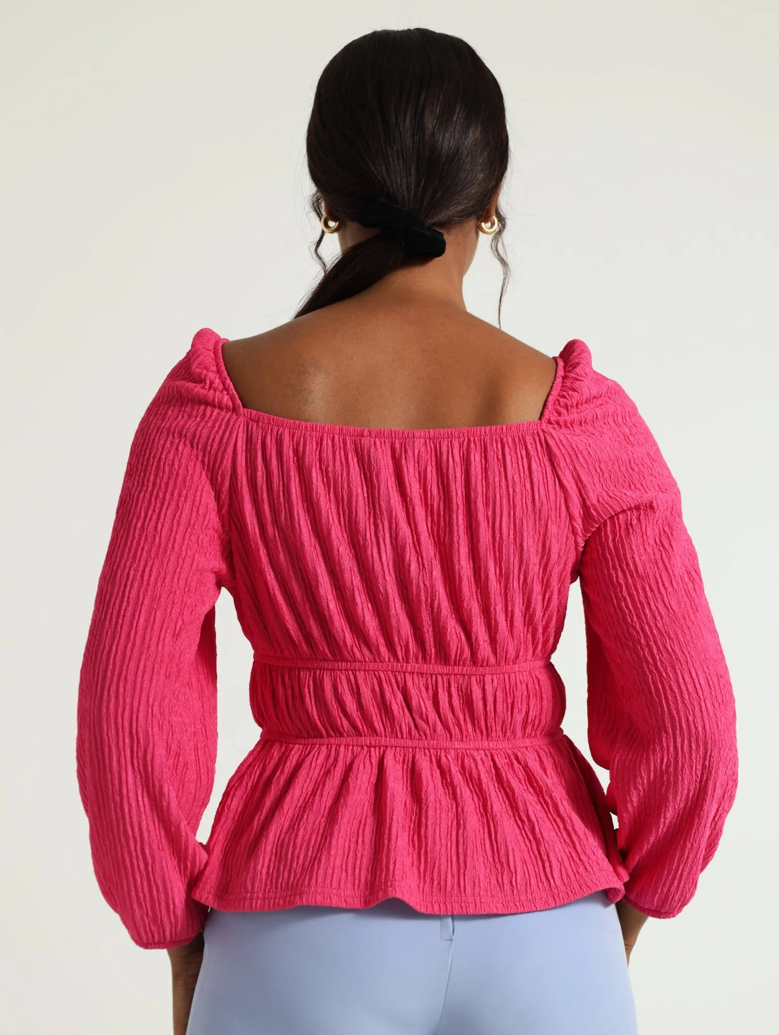 V-Neck Peplum Blouse - Pink