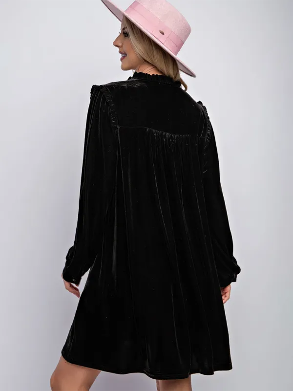 Velvet Mini Dress with Long Sleeves and Ruffle Detail