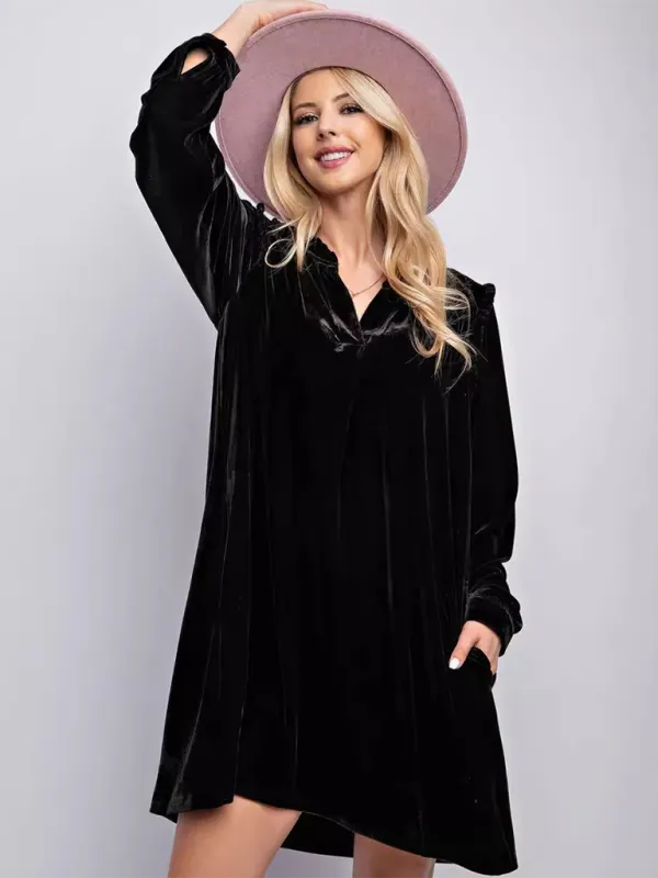 Velvet Mini Dress with Long Sleeves and Ruffle Detail
