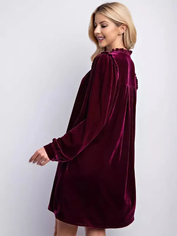 Velvet Mini Dress with Long Sleeves and Ruffle Detail