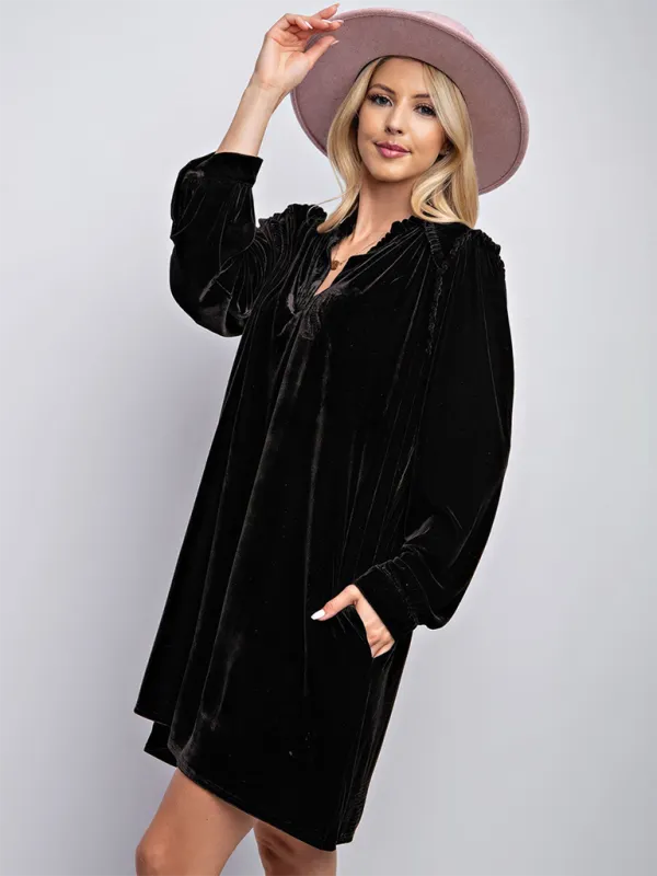 Velvet Mini Dress with Long Sleeves and Ruffle Detail