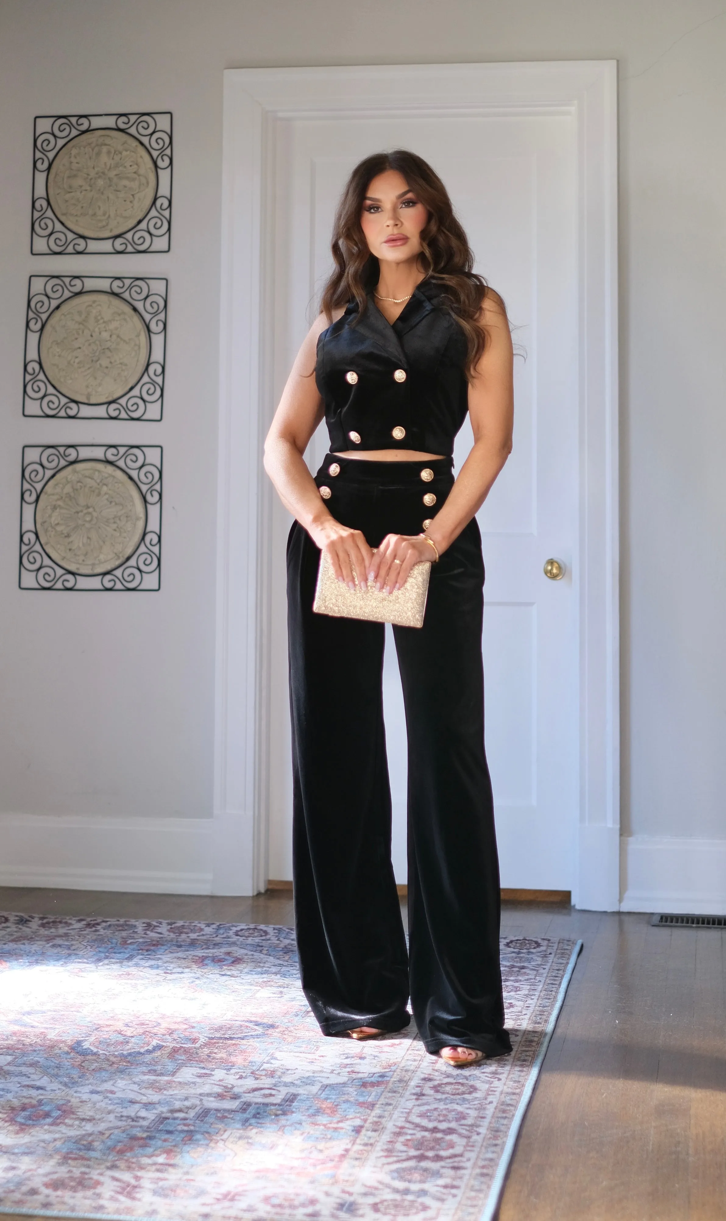 Velvetine Black Velvet Pants with Gold Buttons