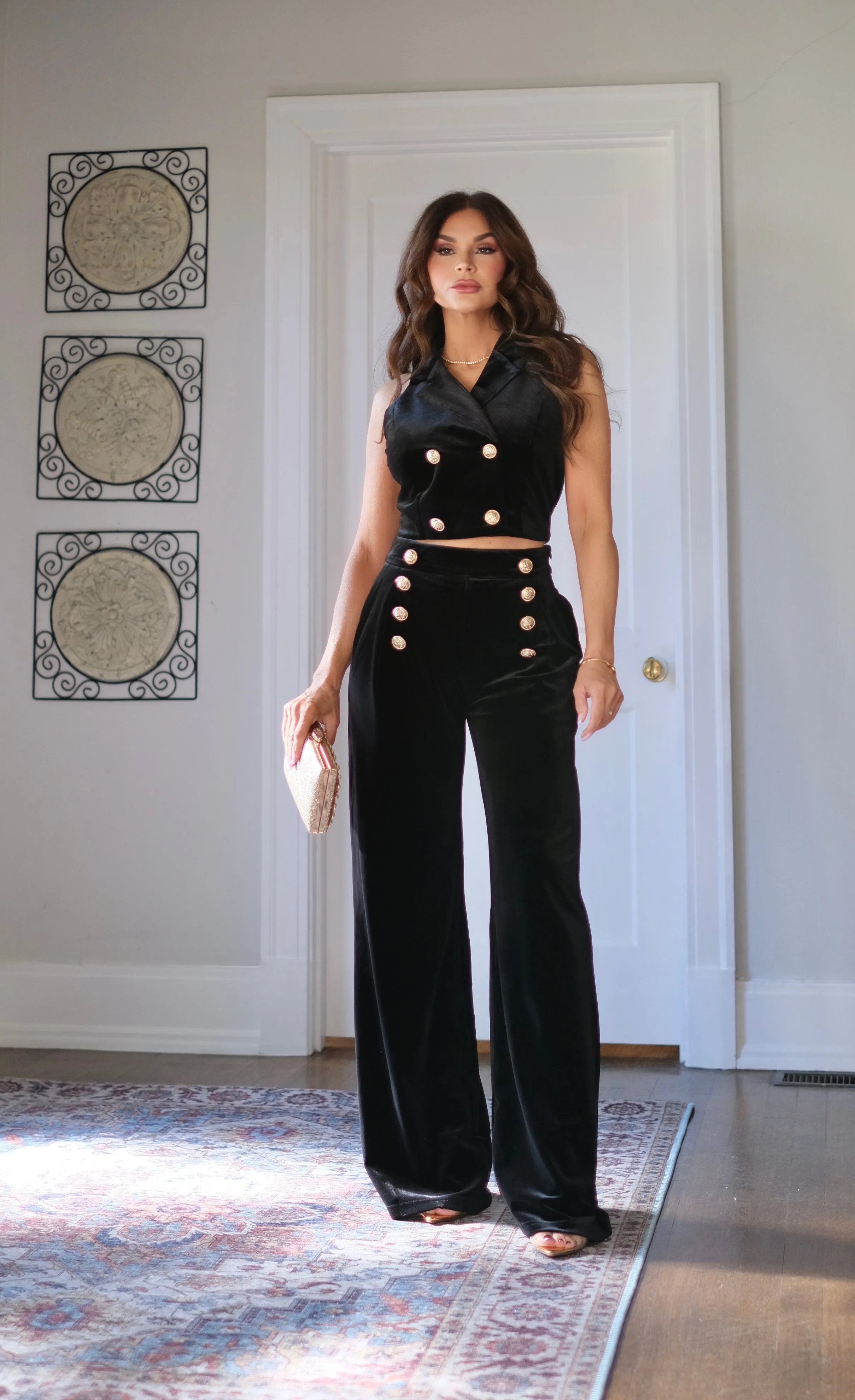 Velvetine Black Velvet Pants with Gold Buttons