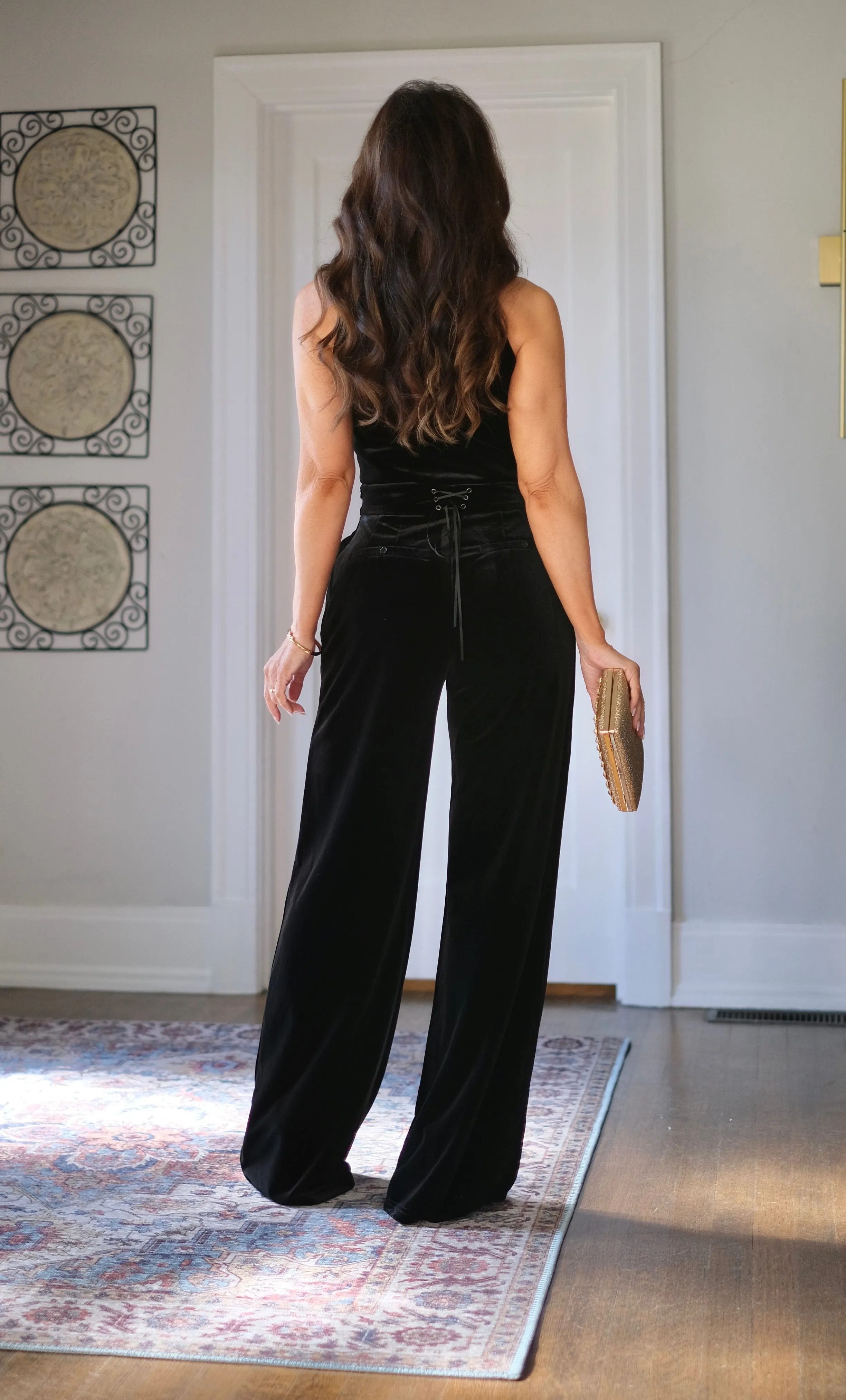 Velvetine Black Velvet Pants with Gold Buttons