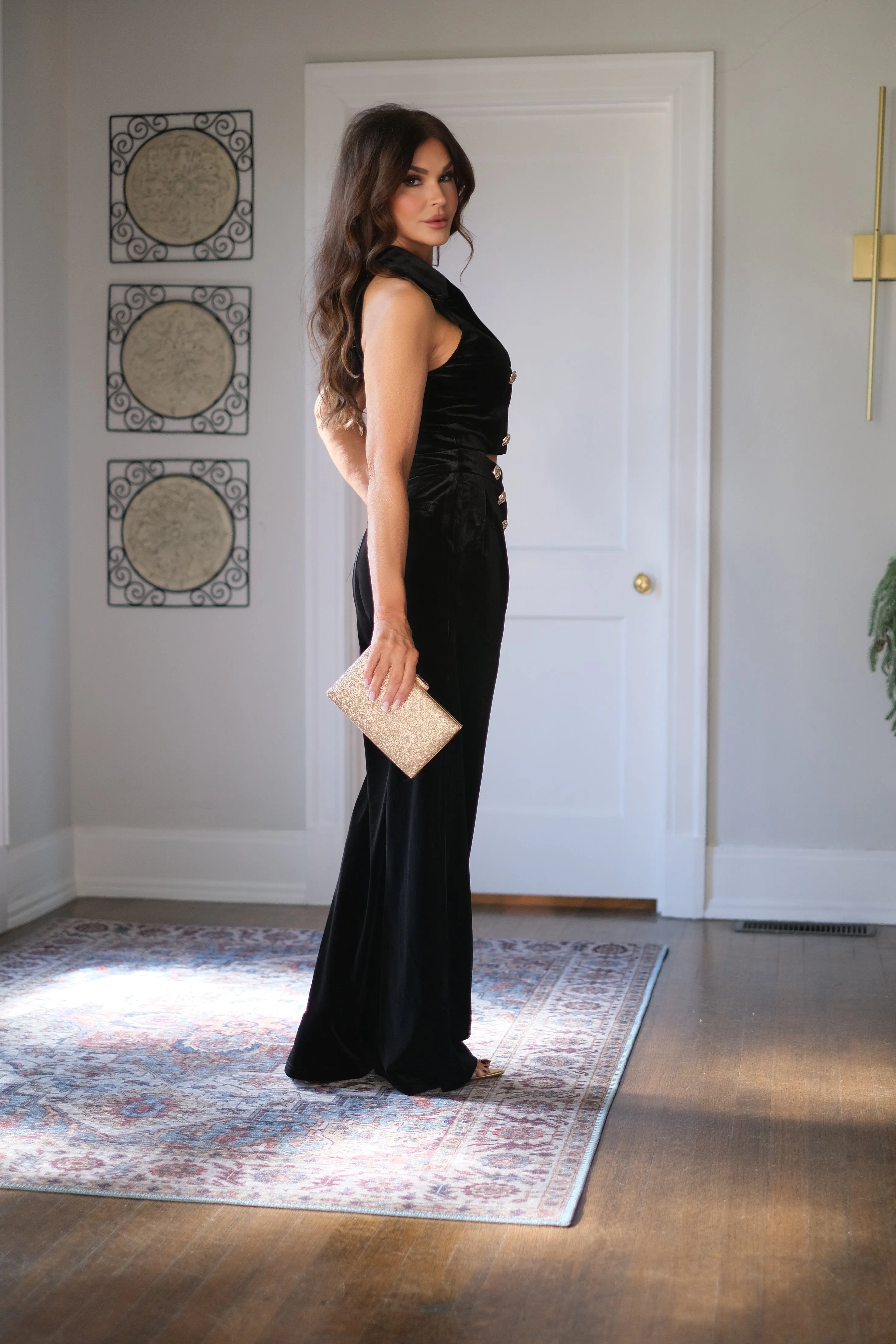 Velvetine Black Velvet Pants with Gold Buttons