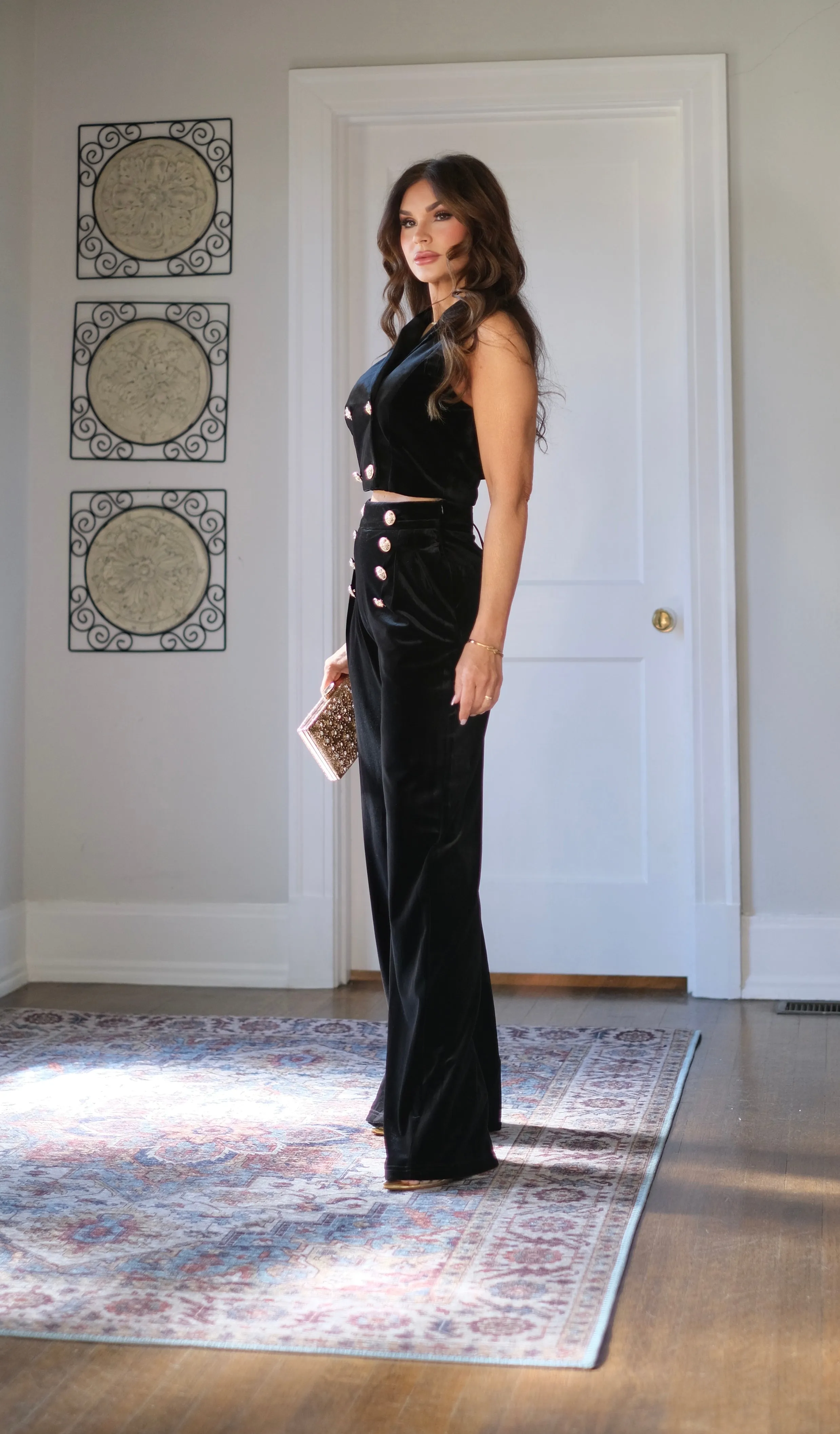 Velvetine Black Velvet Pants with Gold Buttons