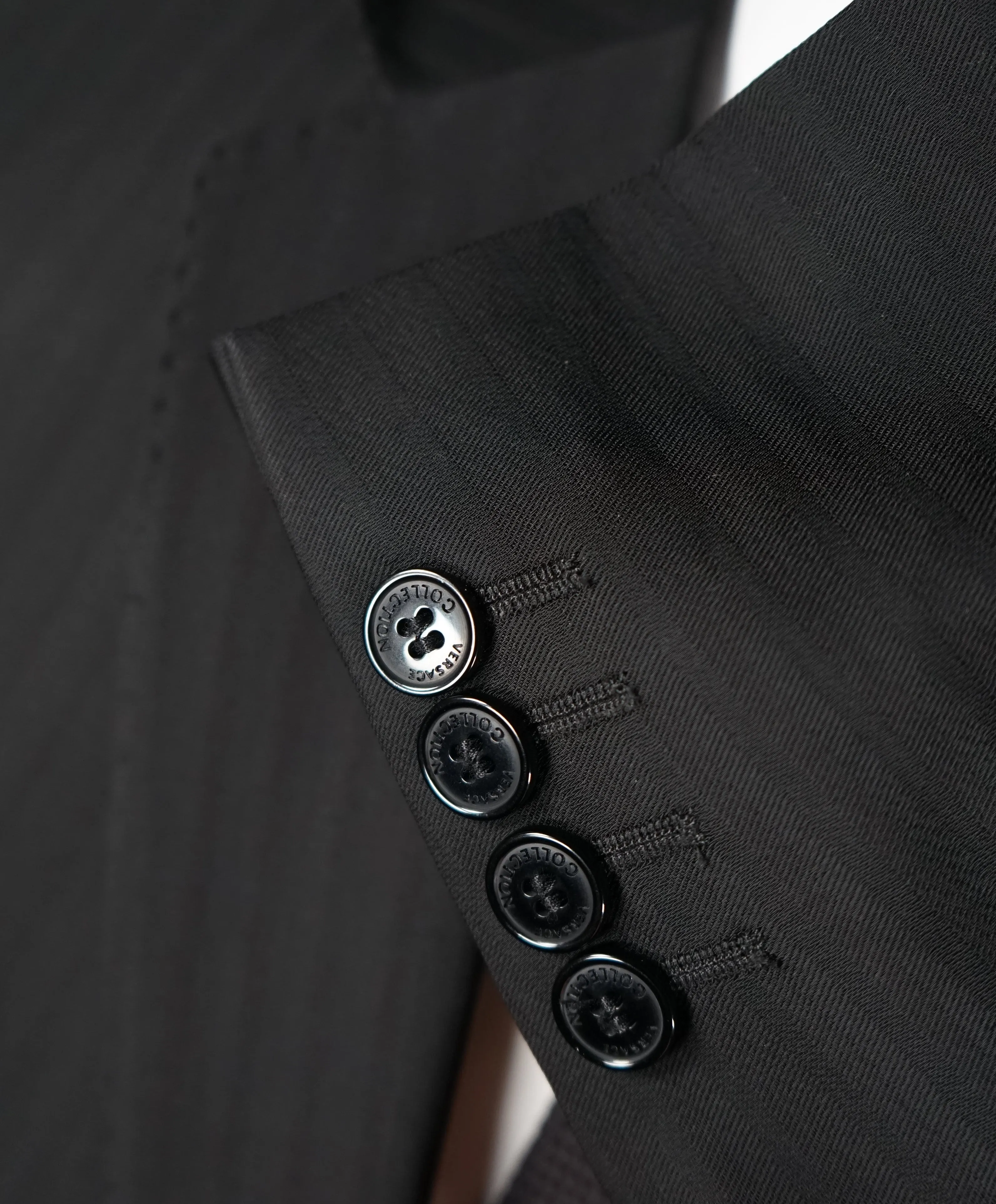 VERSACE COLLECTION - Black Tonal Herringbone Suit With Logo Buttons  - 46R