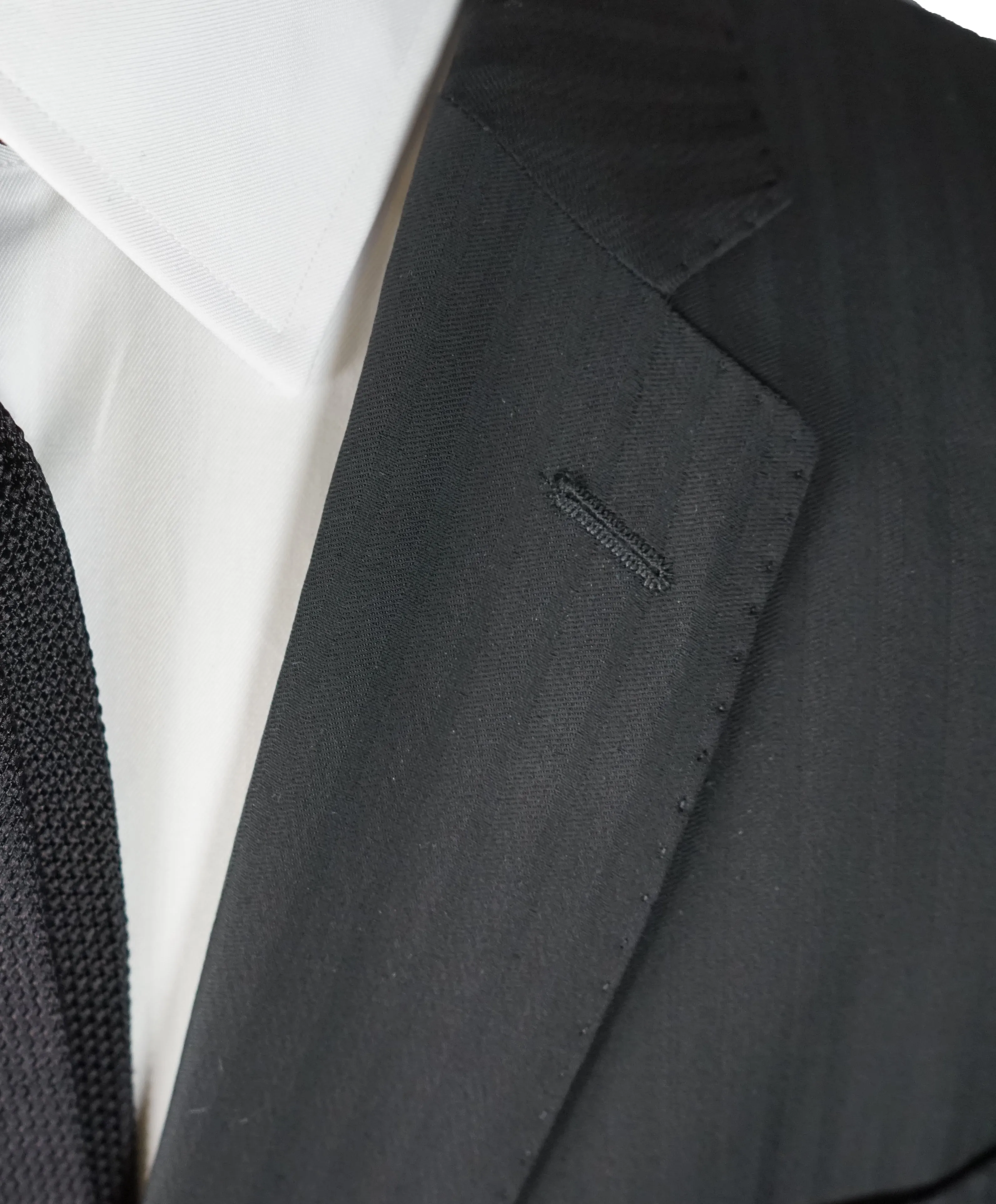 VERSACE COLLECTION - Black Tonal Herringbone Suit With Logo Buttons  - 46R
