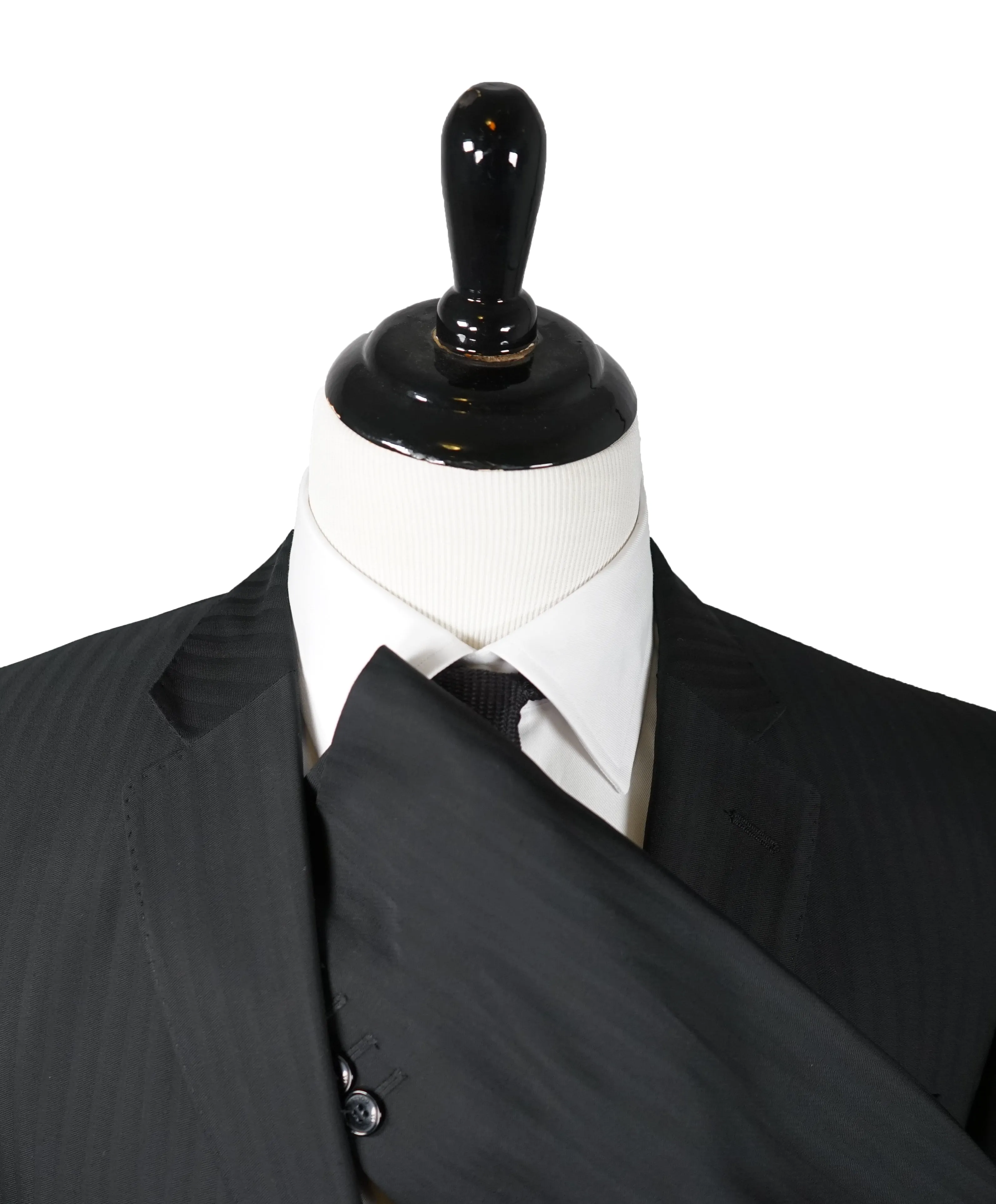 VERSACE COLLECTION - Black Tonal Herringbone Suit With Logo Buttons  - 46R
