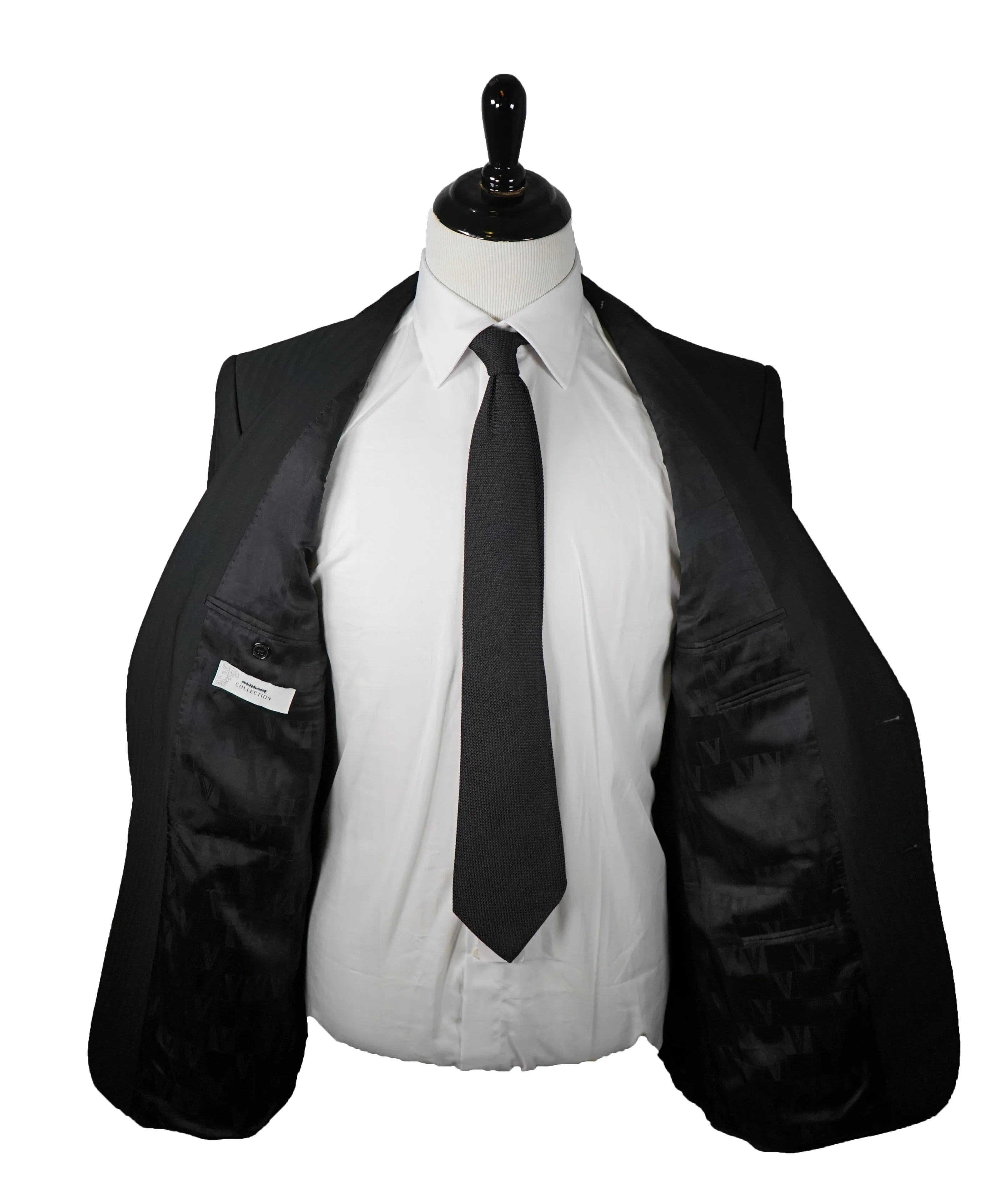 VERSACE COLLECTION - Black Tonal Herringbone Suit With Logo Buttons  - 46R