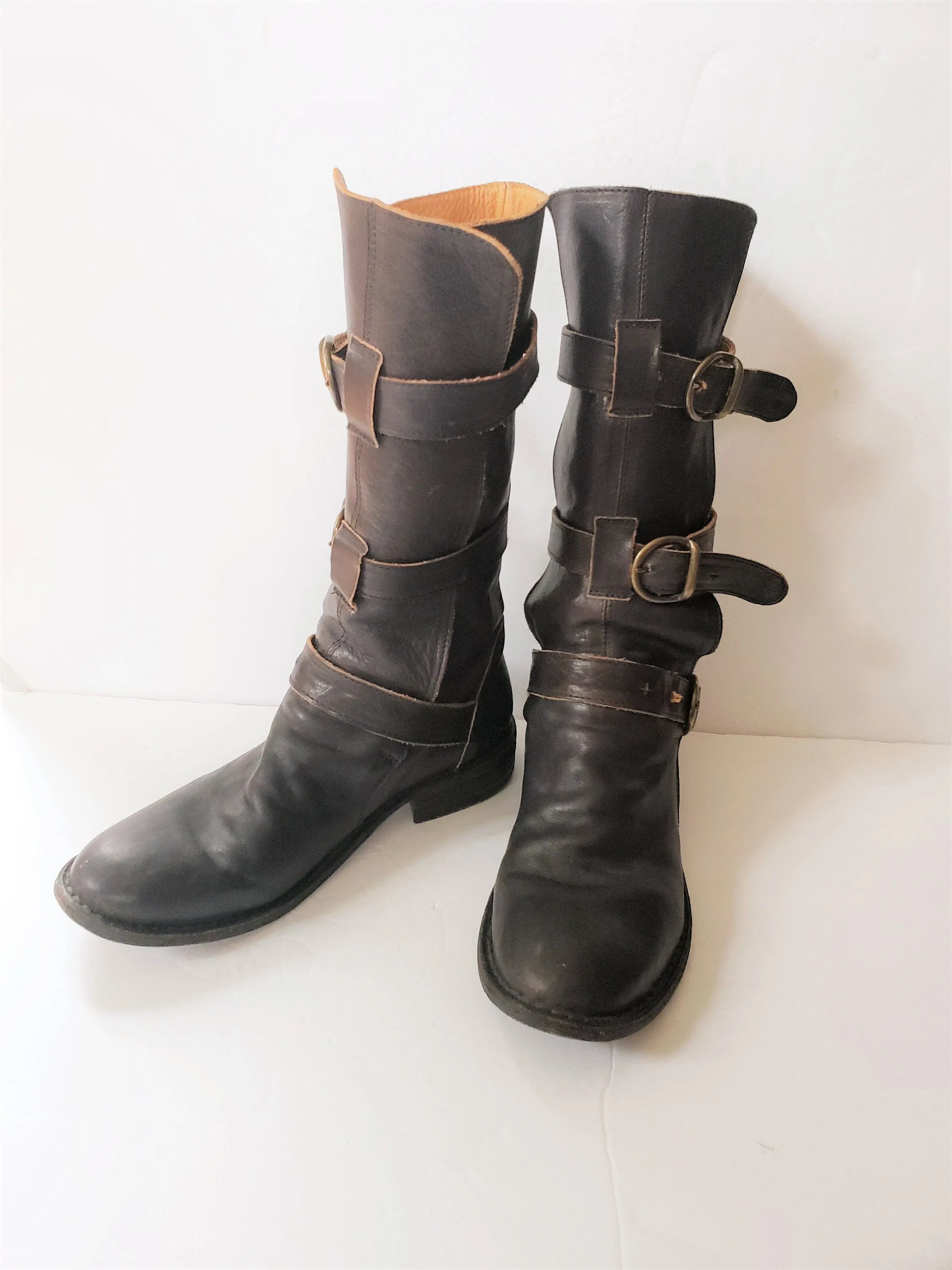 Vintage Brown Leather Knee High Boots Buckles Fiorentini   Baker Italian Designer Ladies Motorcycle Biker EU 37 7.5