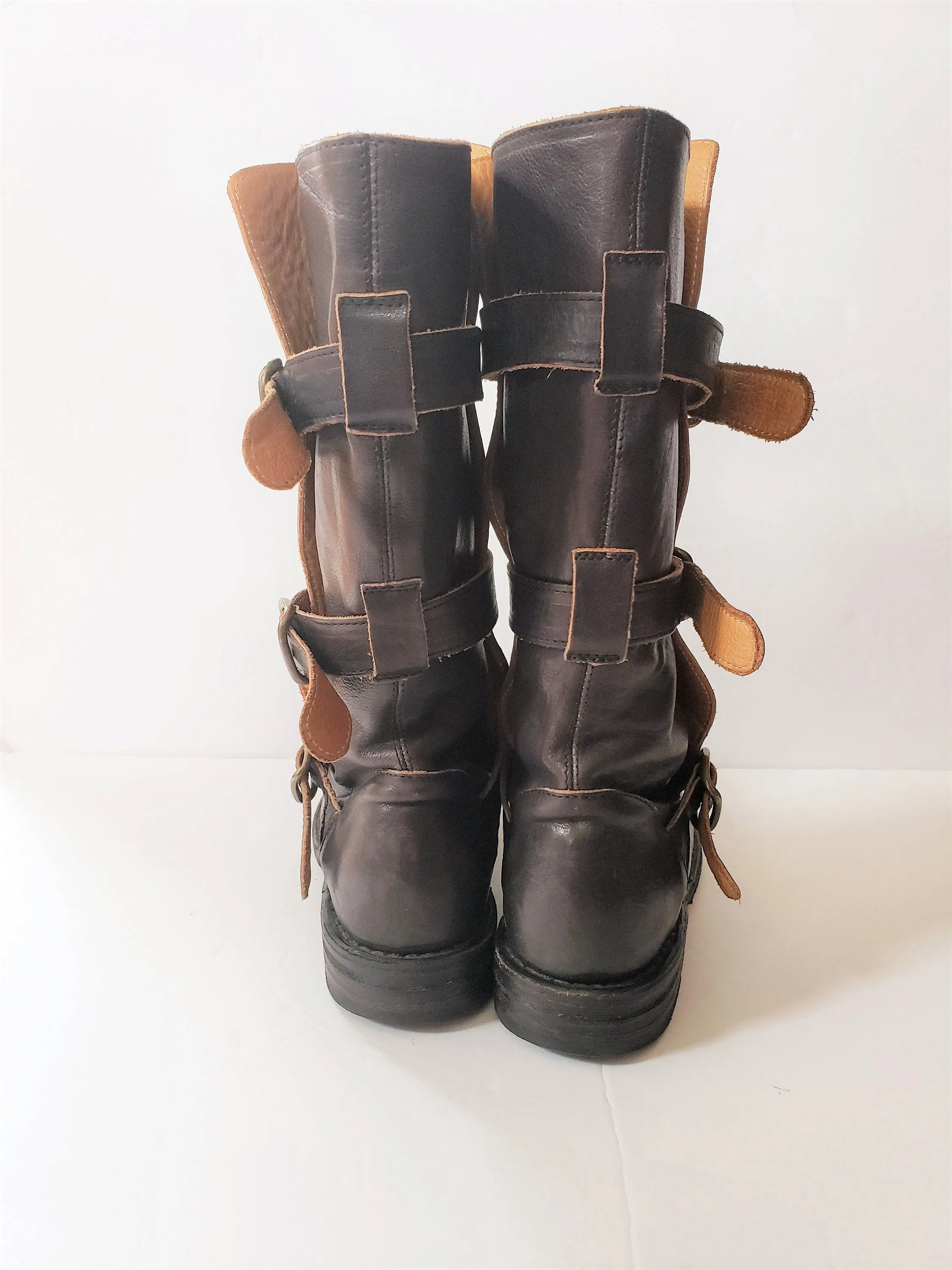 Vintage Brown Leather Knee High Boots Buckles Fiorentini   Baker Italian Designer Ladies Motorcycle Biker EU 37 7.5