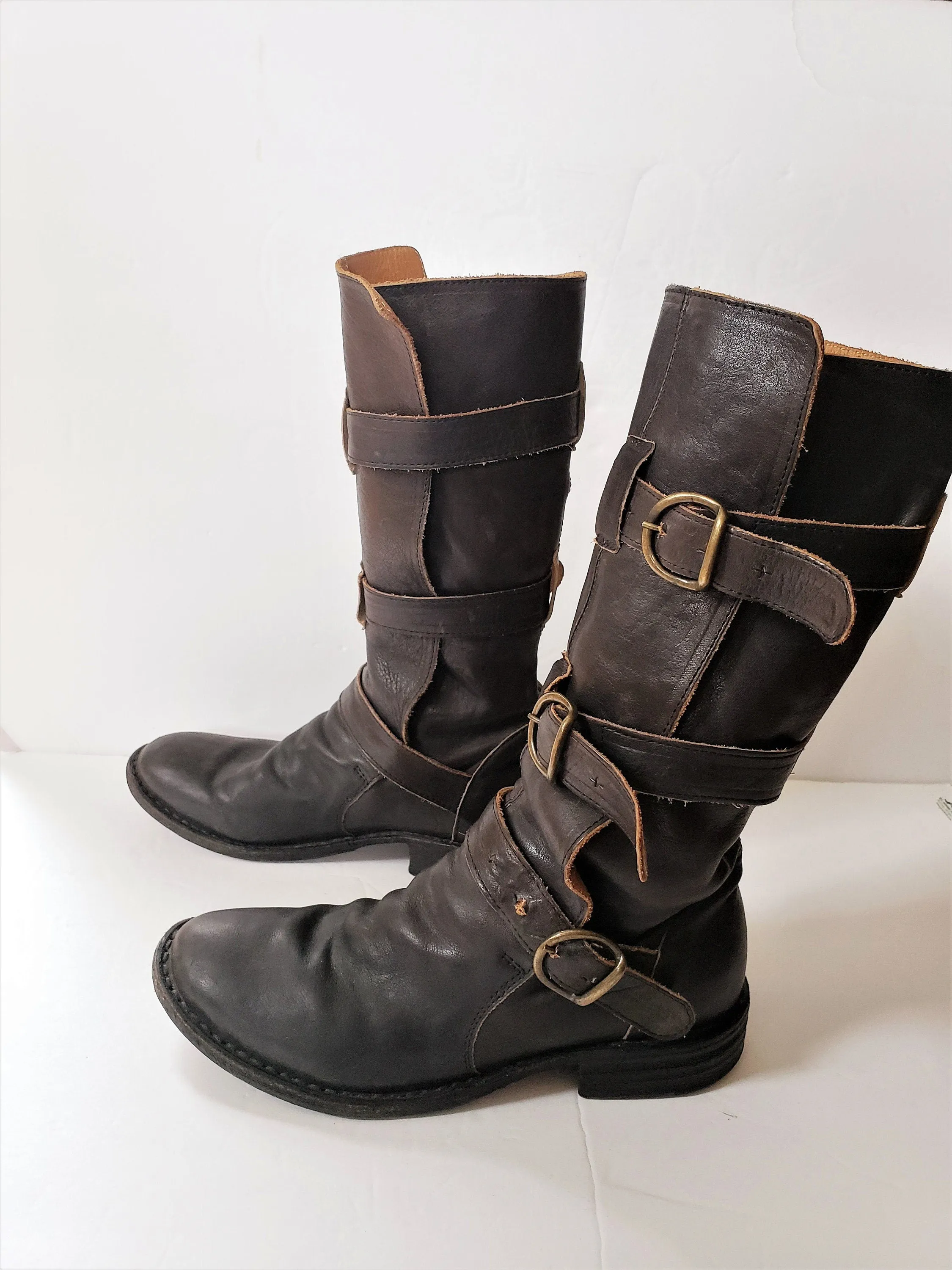 Vintage Brown Leather Knee High Boots Buckles Fiorentini   Baker Italian Designer Ladies Motorcycle Biker EU 37 7.5
