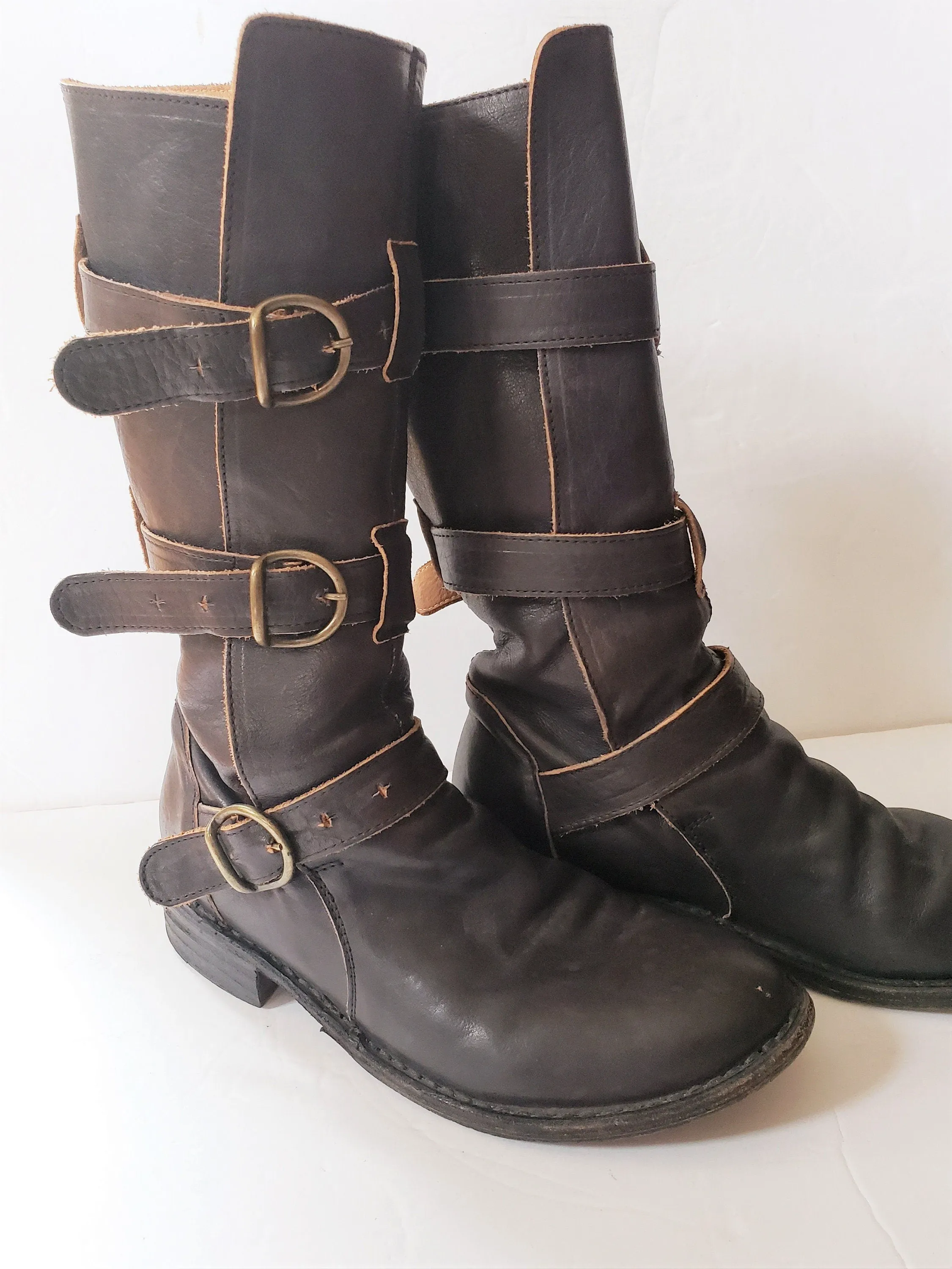 Vintage Brown Leather Knee High Boots Buckles Fiorentini   Baker Italian Designer Ladies Motorcycle Biker EU 37 7.5