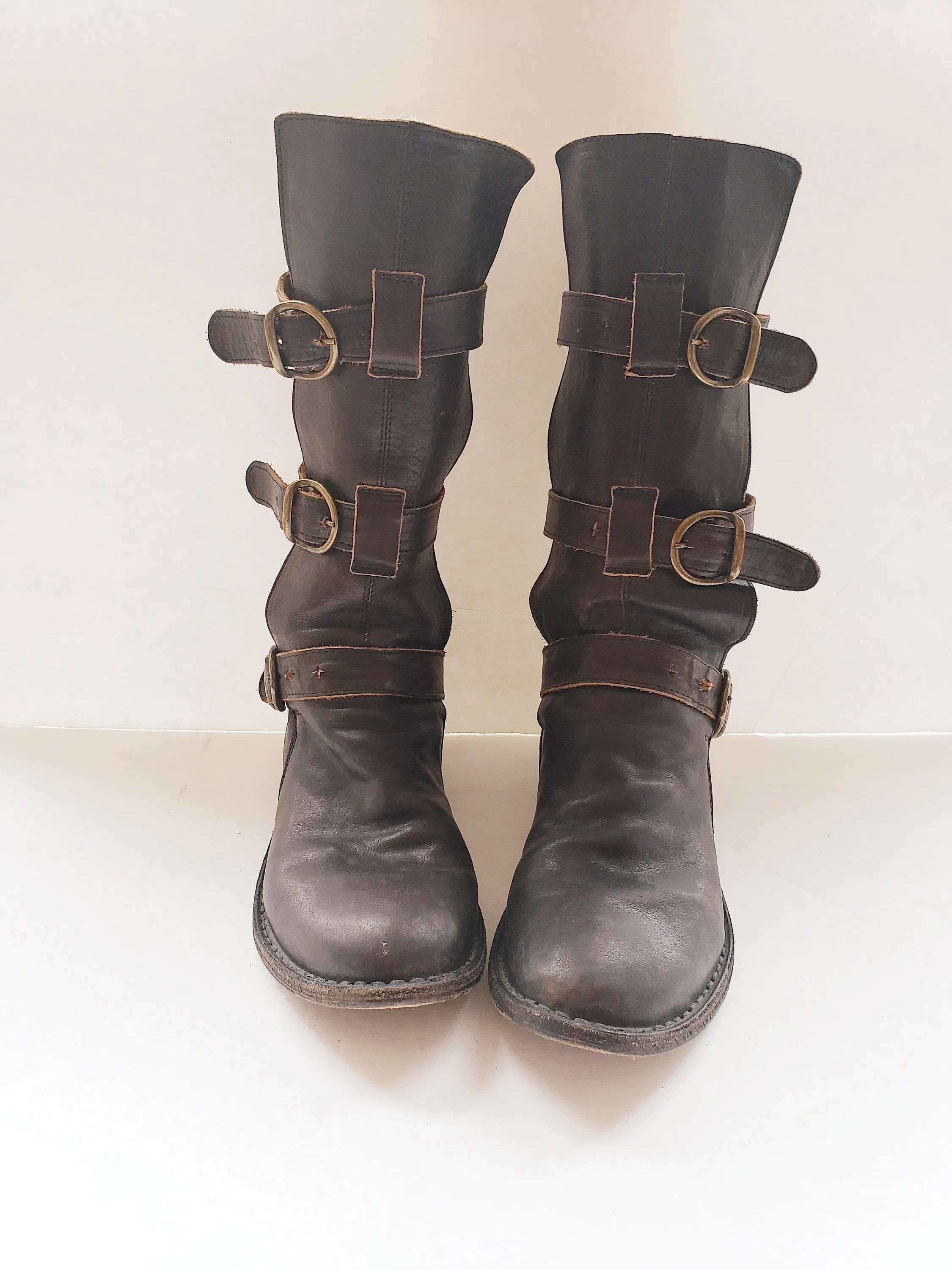Vintage Brown Leather Knee High Boots Buckles Fiorentini   Baker Italian Designer Ladies Motorcycle Biker EU 37 7.5