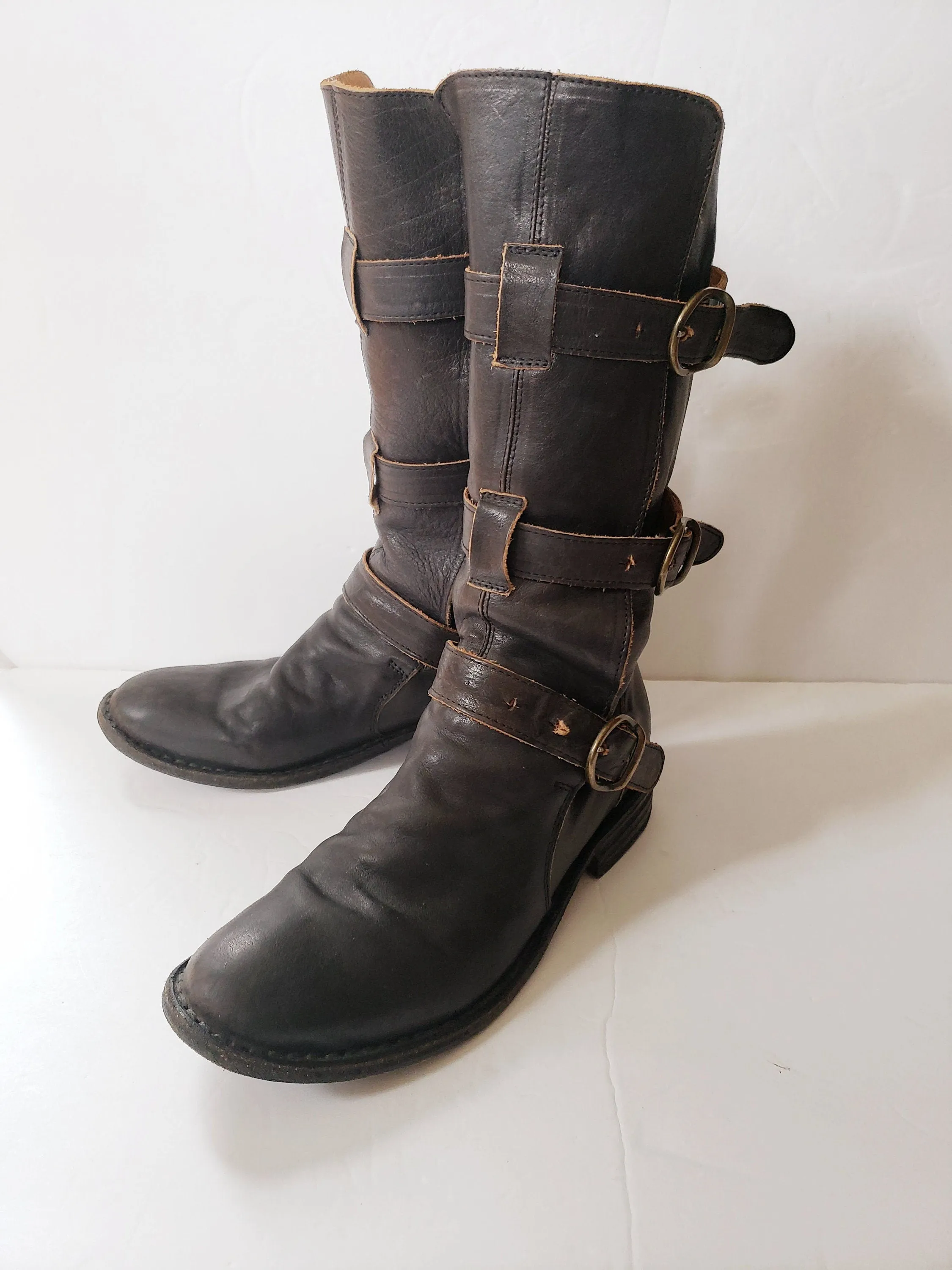 Vintage Brown Leather Knee High Boots Buckles Fiorentini   Baker Italian Designer Ladies Motorcycle Biker EU 37 7.5