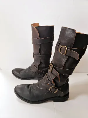 Vintage Brown Leather Knee High Boots Buckles Fiorentini   Baker Italian Designer Ladies Motorcycle Biker EU 37 7.5