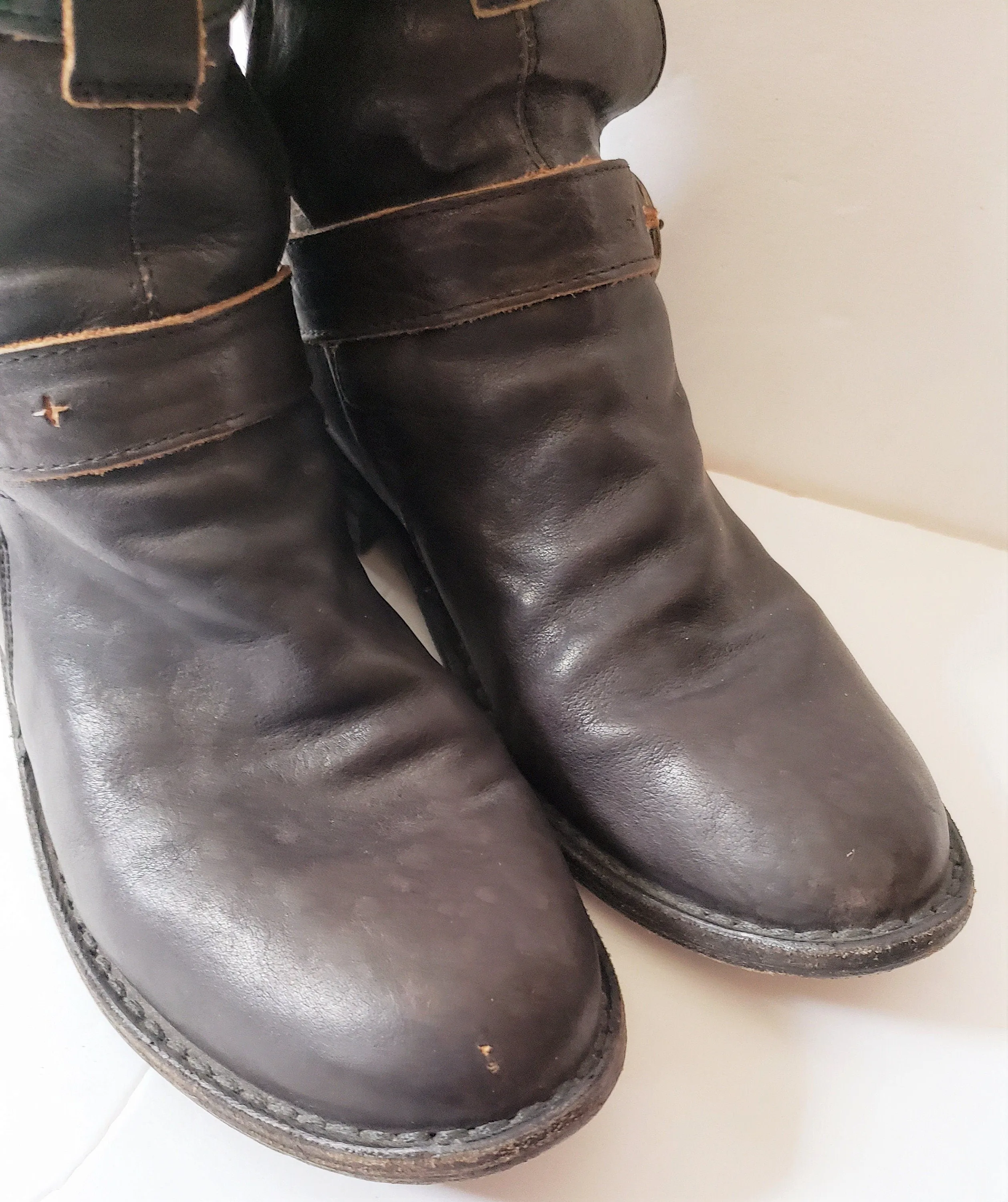 Vintage Brown Leather Knee High Boots Buckles Fiorentini   Baker Italian Designer Ladies Motorcycle Biker EU 37 7.5
