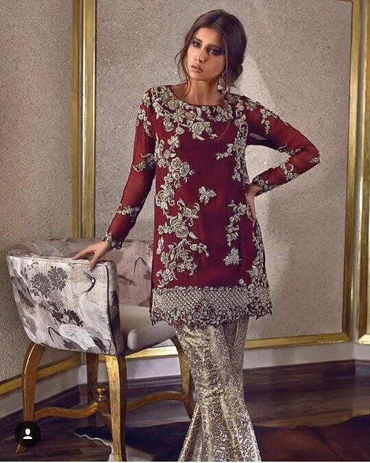 Wedding party dress dull golden dabka and cut work Model#P 150