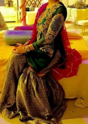 Wedding party gharara in bottle green and red color with tila zari and pearls work Model# P 301